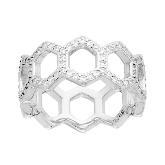Bandring mit Honigwaben-Design und weißen Zirkonien, 925er Silber, rhodiniert. - MeinSchmuckShop
