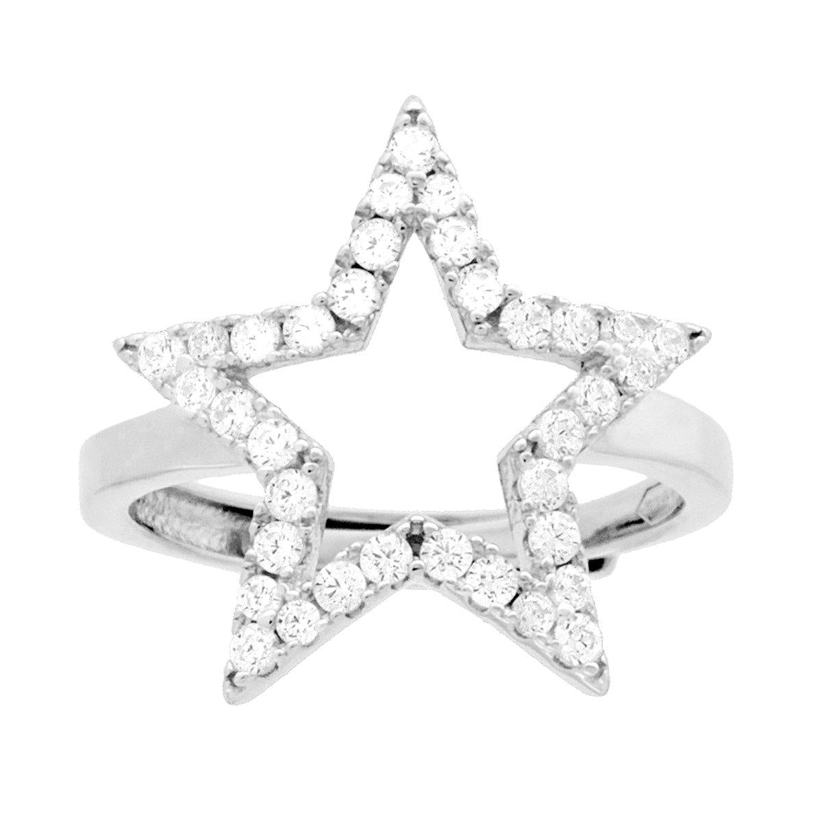 Ring Stern mit weißen Cubic Zirconia im 925er Silber, rhodiniert. - MeinSchmuckShop