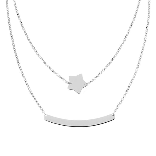 Zwei-Strang-Kette, diamantierte Rolo-Kette mit Stern und flacher Zentralplakette, aus Silber 925, rhodiniert. - MeinSchmuckShop