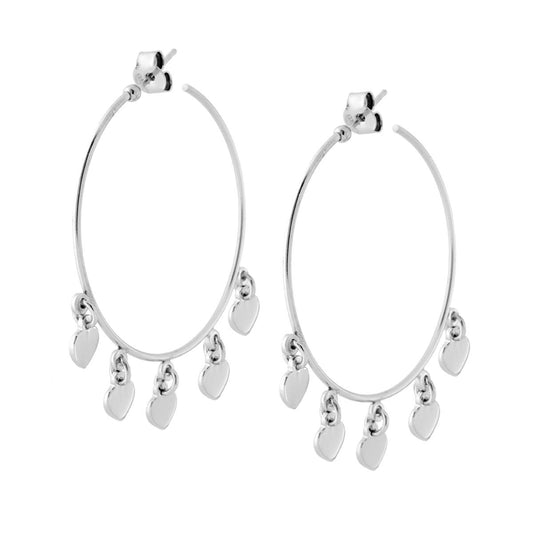 Ohrringe Kreise Ø42 mm mit schlichten Herz-Anhängern aus Silber 925, Rhodium-Beschichtung. - MeinSchmuckShop