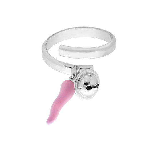 Ring mit Glücksbringer, Horn, rosa Emaille und Glocke aus 925er Silber, rhodiniert - MeinSchmuckShop
