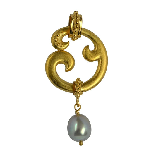 Anhänger "Paisley", Silber vergoldet, Perle (grau), 5cm - MeinSchmuckShop