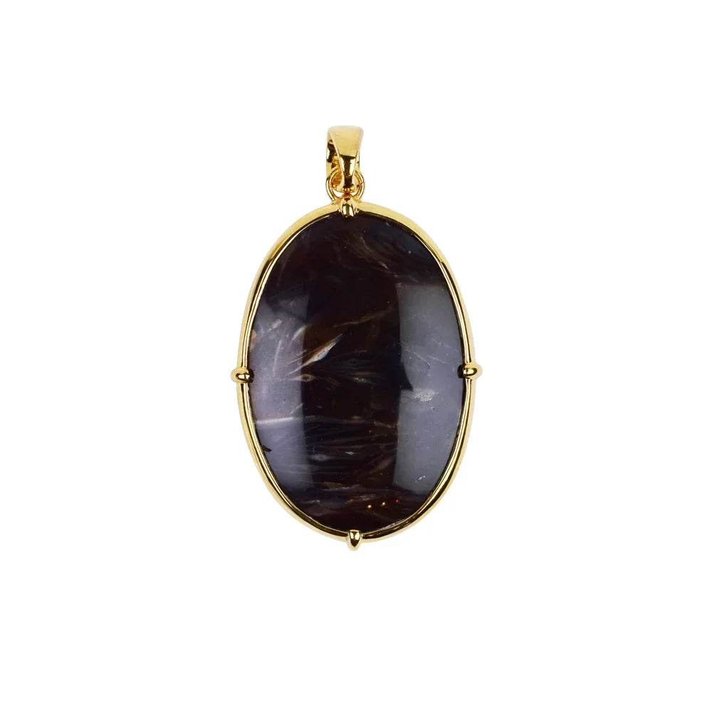 Anhänger Prärie-Achat (Pflanzenfossil) oval, 5,2cm, vergoldet - MeinSchmuckShop