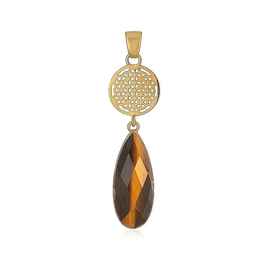 Anhänger Tigerauge, Tropfen (12 x 8mm) mit Blume des Lebens, 6,0cm, vergoldet - MeinSchmuckShop