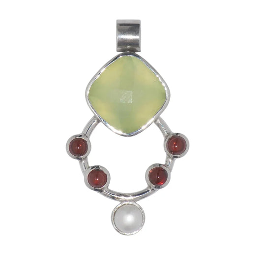 Anhänger Prehnite, Granat, Perle, 4,4cm, rhodiniert - MeinSchmuckShop