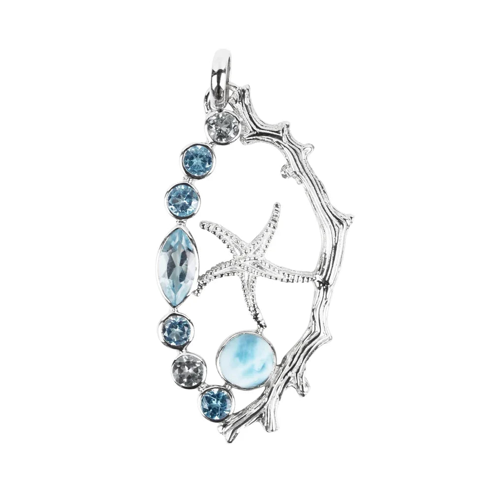 Anhänger Korallenast, Seestern, blauem Topas, Larimar, 5,2cm, rhodiniert - MeinSchmuckShop