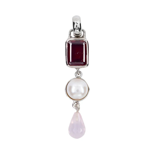 Anhänger Granat-Rechteck, Perle, Rosenquarz-Briolette, 4,7cm, rhodiniert - MeinSchmuckShop