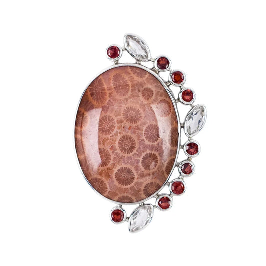 Anhänger versteinerte Koralle, Oval (30 x 21mm), Granat, Topas, 4,3cm, platiniert - MeinSchmuckShop