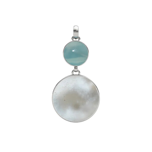 Anhänger Larimar rund (10mm), Perlmutt weiß (20mm), 4,2cm, platiniert - MeinSchmuckShop