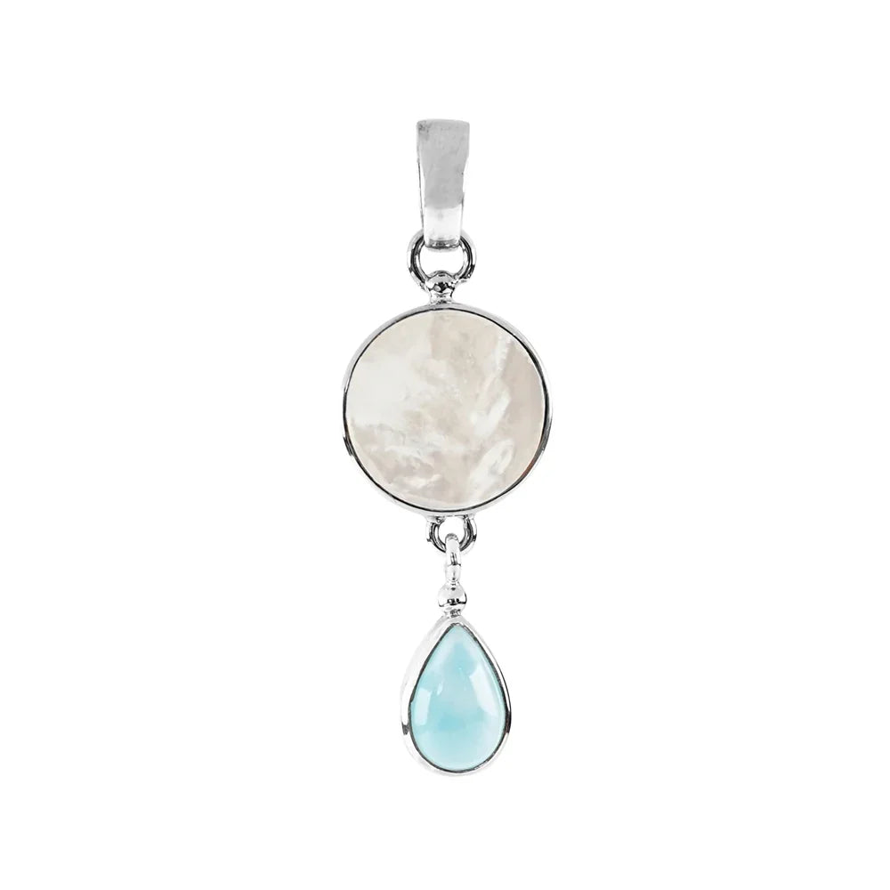 Anhänger Perlmutt rund (12mm), Larimar Tropfen (9 x 6mm), 3,7cm, platiniert - MeinSchmuckShop