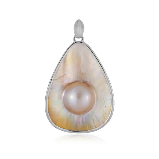 Anhänger Mabé-Perle, Tropfen breit (45 x 35mm), 5,8cm, platiniert - MeinSchmuckShop