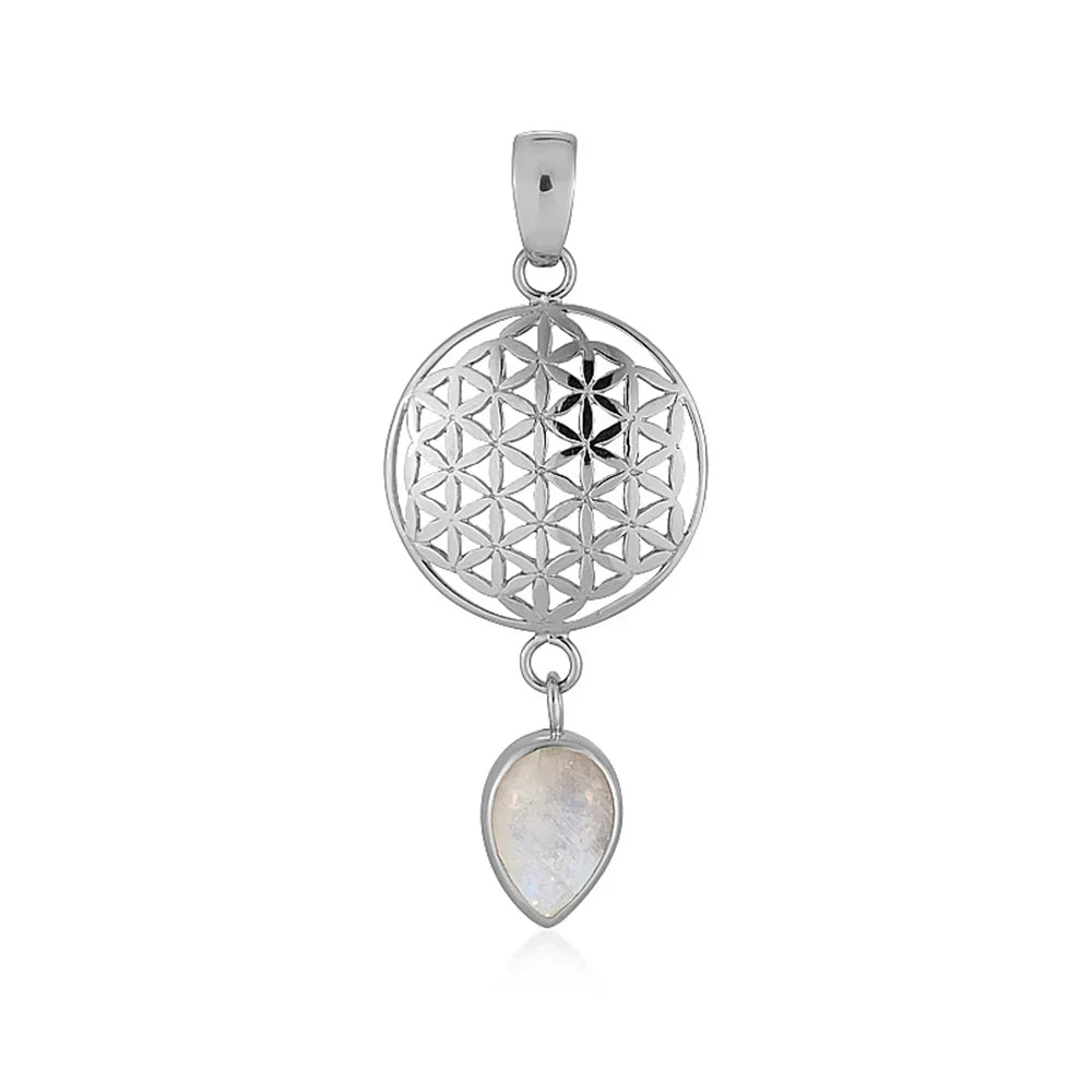Anhänger Blume des Lebens, Labradorit weiß (14 x 10mm), 5,2cm, platiniert - MeinSchmuckShop