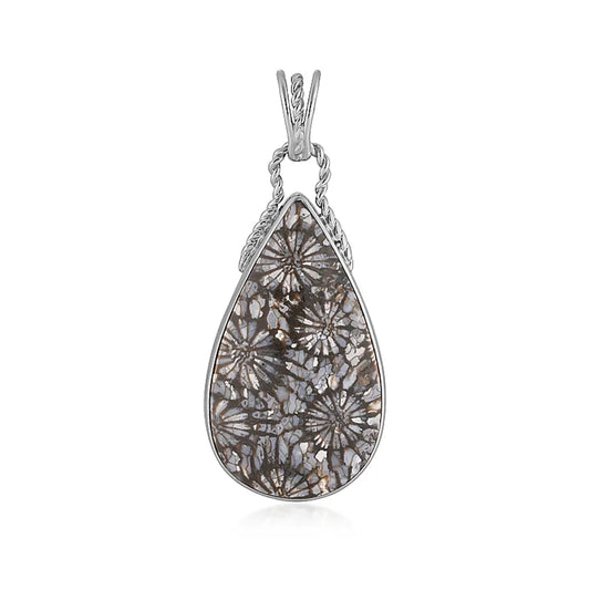 Anhänger versteinerte Koralle, Tropfen (35 x 20mm), 4,7cm, platiniert - MeinSchmuckShop