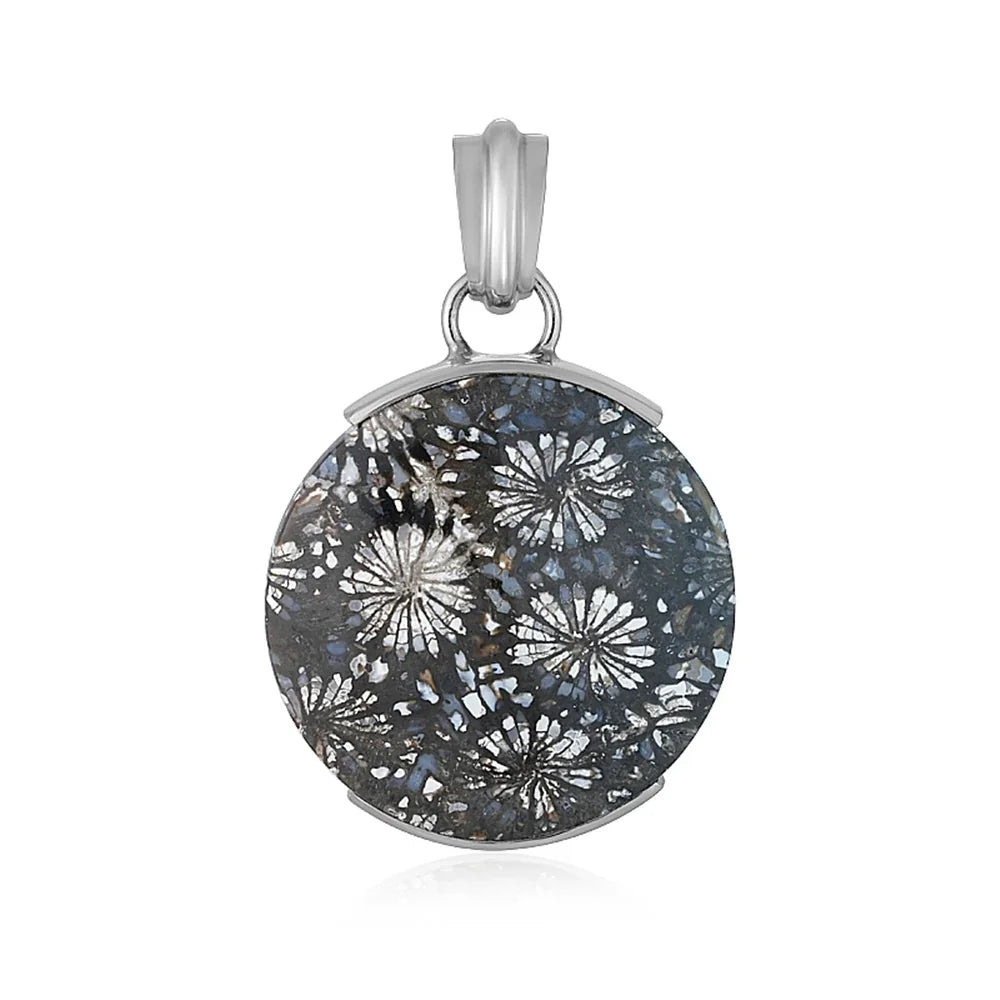 Anhänger versteinerte Koralle, rund (30mm), 4,5cm, platiniert - MeinSchmuckShop