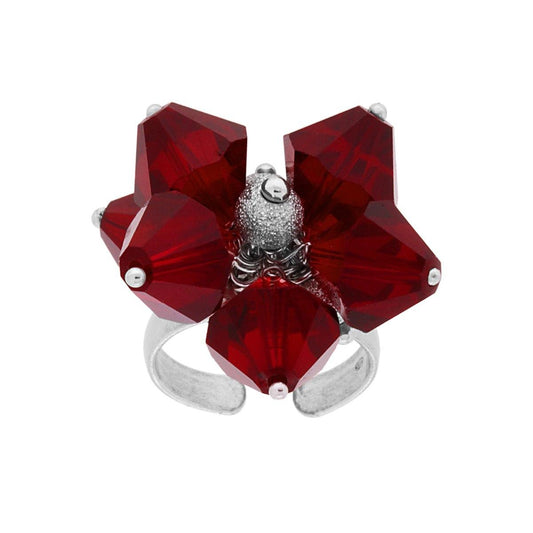 Ring mit rotem Kristall und diamantierten Perlen Ø 5 mm, hängend, aus Silber 925, rhodiniert. - MeinSchmuckShop