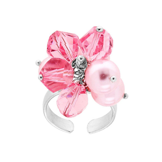 Ring mit rosa Kristall und 8 mm Perlenanhängern aus Silber 925 rhodiniert. - MeinSchmuckShop