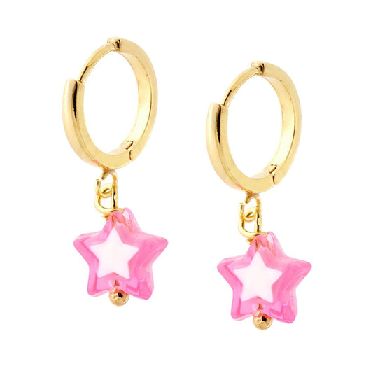 Ohrhänger Kreise 14 mm mit Sternanhänger, Rosa und Weiß, aus 925er Silber, Goldplattiert - MeinSchmuckShop