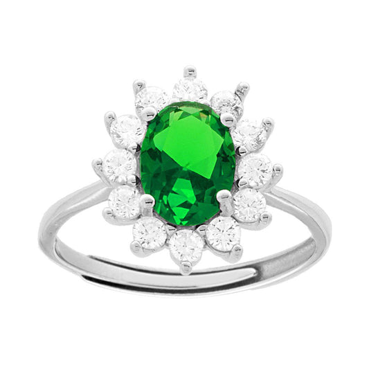 Solitärring mit Halo, ovalem smaragdgrünen Zirkon, umgeben von weißen Zirkonen, aus 925er Silber, rhodiniert. - MeinSchmuckShop