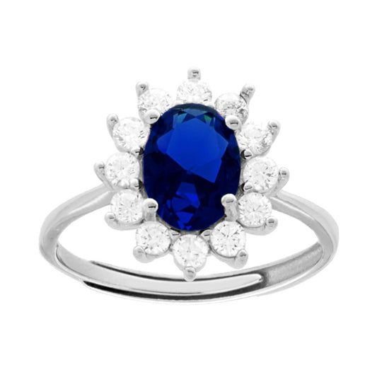 Solitärring mit Halo, ovalem blauen Saphir, umgeben von weißen Zirkonen, aus Silber 925 galvanisch rhodiniert. - MeinSchmuckShop