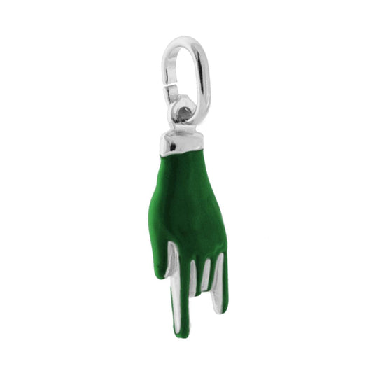 Anhänger Glücksbringer Horn-Handzeichen mit dunkelgrüner Emaille in 925er Silber galvanisch rhodiniert - MeinSchmuckShop