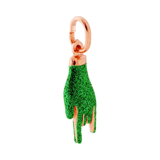 Anhänger Glücksbringer – Horn-Handzeichen mit grüner Glitzeremaille, 925er Silber, Roségold-Plattierung - MeinSchmuckShop