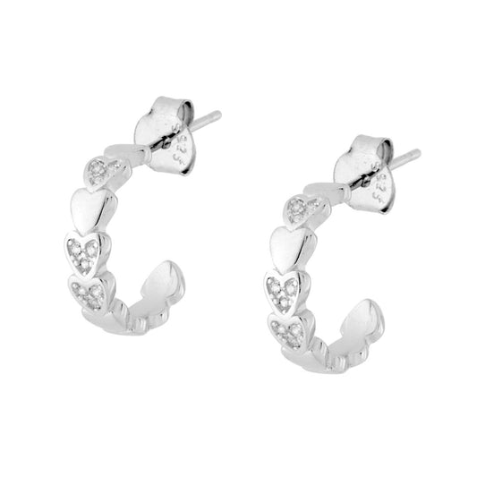 Ohrringe Kreis Ø 13 mm mit Herzen und weißen Cubic Zirconia, aus 925er Silber rhodiniert. - MeinSchmuckShop