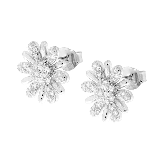 Ohrringe Blume mit weißen Zirkonen aus 925er Silber, rhodiniert. - MeinSchmuckShop