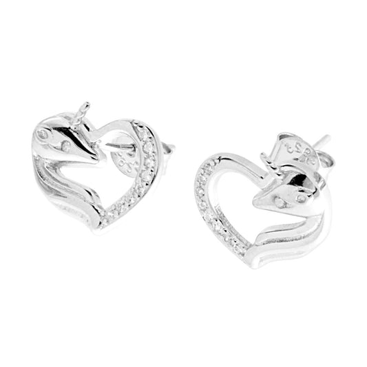 Ohrringe Herz und Einhorn mit weißen Zirkonen aus Silber 925, rhodiniert galvanisch. - MeinSchmuckShop