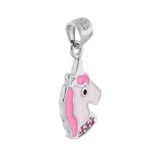 Anhänger Einhorn mit weißer und rosa Emaille und rosa Zirkonia in 925er Silber rhodiniert - MeinSchmuckShop