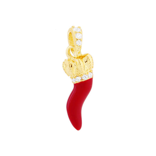 Glücksanhänger Horn mit roter Emaille und weißen Zirkonen aus 925er Silber, galvanisch goldbeschichtet - MeinSchmuckShop