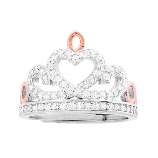 Ring mit Diademkrone, Herz aus weißen Zirkonien und rosa Herzchen, Silber 925 rhodiniert. - MeinSchmuckShop