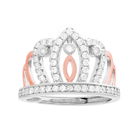 Ring mit Krone und Diadem, weiße Cubic Zirconia, Silber 925, galvanisch Rhodiumbeschichtung - MeinSchmuckShop
