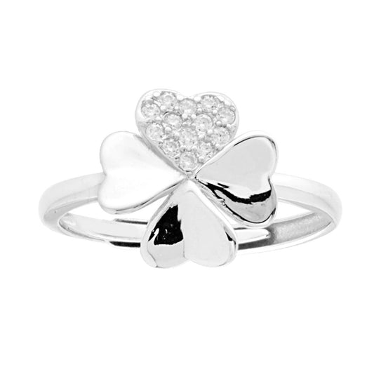 Vierblättriger Kleeblatt-Ring mit weißen Cubic Zirconia, Silber 925, rhodiniert. - MeinSchmuckShop