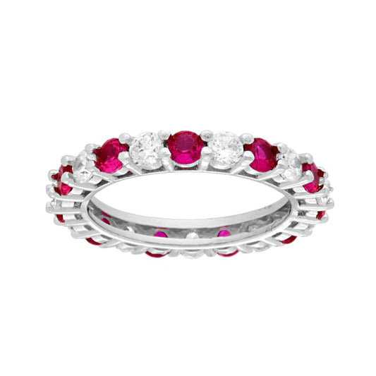 Ring Eternity Veretta, rundum mit abwechselnd weißen und rubinroten Cubic Zirconia, aus 925er Silber rhodiniert - MeinSchmuckShop