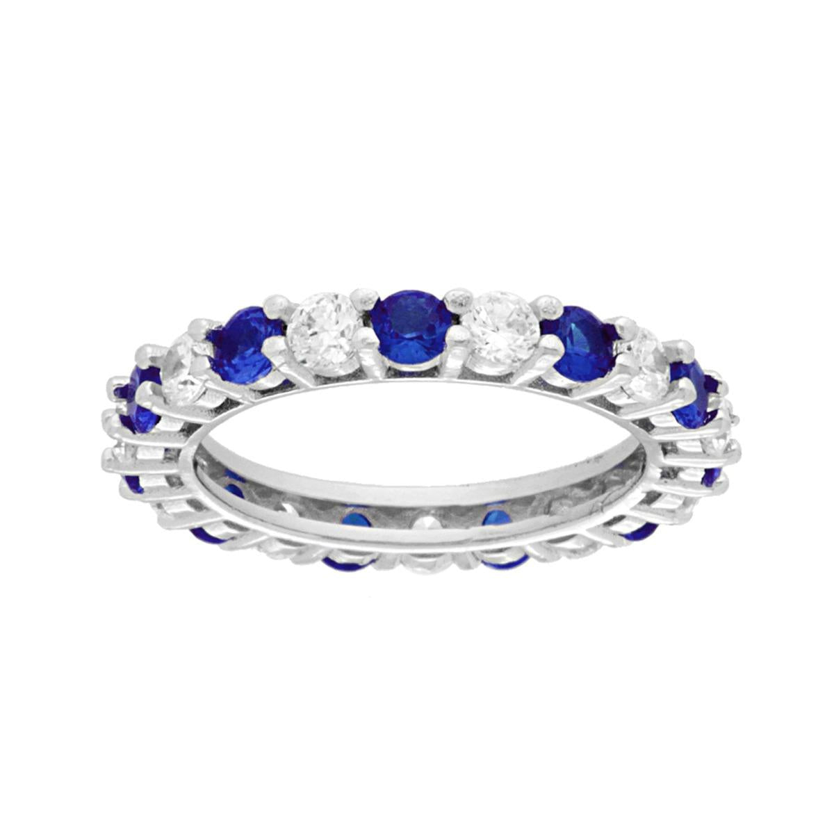 Eternity-Ring mit Veretta, rund, mit abwechselnd weißen und blau-saphirfarbenen Cubic Zirconia, aus 925er Silber rhodiniert galvanisch - MeinSchmuckShop