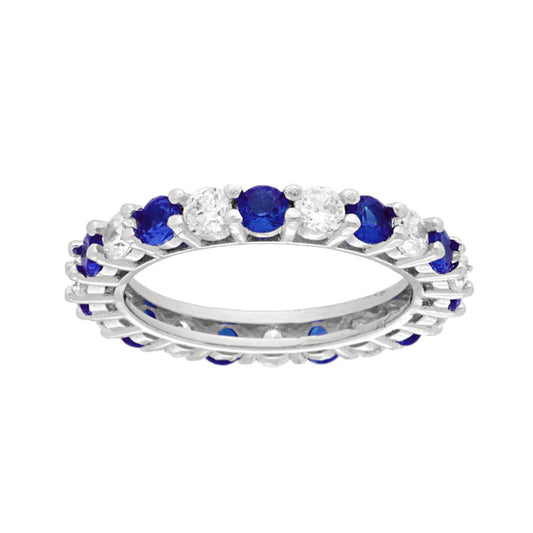 Eternity-Ring mit Veretta, rund, mit abwechselnd weißen und blau-saphirfarbenen Cubic Zirconia, aus 925er Silber rhodiniert galvanisch - MeinSchmuckShop