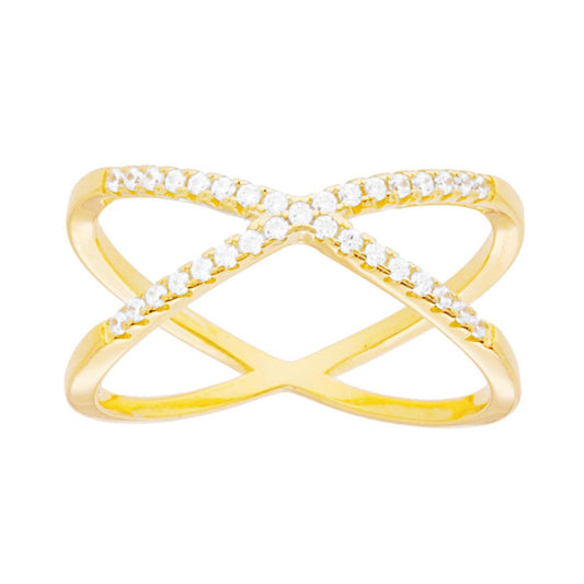 Ring mit gekreuztem Band und weißen Cubic Zirconia, aus 925er Silber, goldplattiert. - MeinSchmuckShop