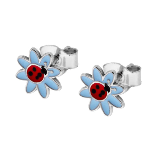 Ohrringe – Blume und Marienkäfer, mit blauem Emaille, aus Silber 925, Rhodium-Galvanik. - MeinSchmuckShop