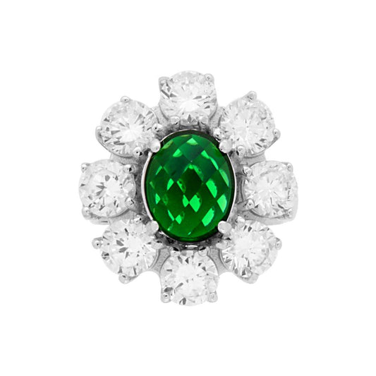 Solitärring mit Halo und Blume, mit ovalem smaragdgrünen Zirkon und weißen Zirkonen, aus 925er Silber rhodiniert galvanisch. - MeinSchmuckShop