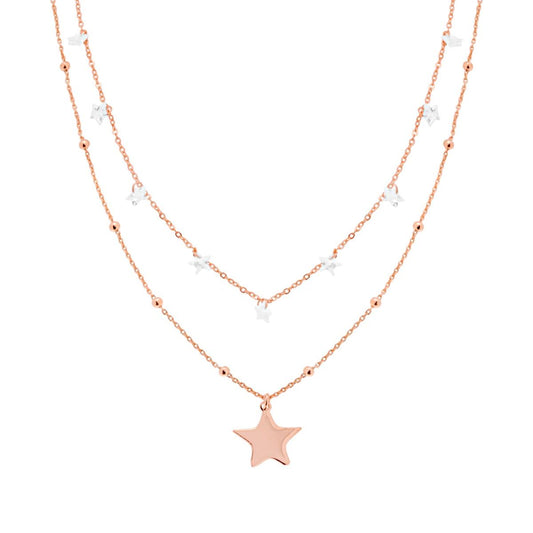 Zwei-Strang-Kette, Diamantierte Forzatina-Kette mit weißen Kristallsternen und schlichten Anhängern aus 925er Silber, roségold galvanisiert - MeinSchmuckShop