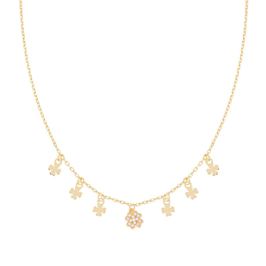 Halskette aus Forzatina-Kette, diamantbesetzt, mit vierblättrigen Kleeblatt-Anhängern und weißen Zirkonen, aus 925er Silber, goldgalvanisch beschichtet - MeinSchmuckShop