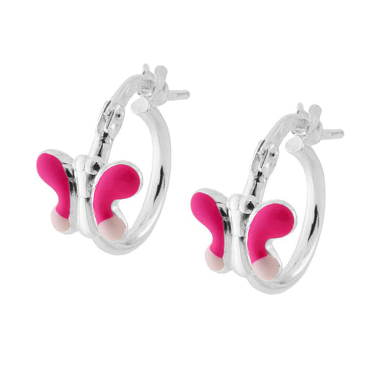 Kreis-Ohrringe von Bimba Boccoli, mit Schmetterling, rosa und weiß emailliert, aus Silber 925 - MeinSchmuckShop
