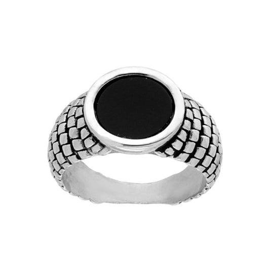 Chevalier-Ring für Männer, runder Schild, mit schwarzem Onyx, aus 925er Silber, rhodiniert. - MeinSchmuckShop