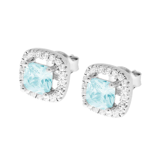 Quadratische Ohrringe mit Aquamarin-Zirkon, umrahmt von weißen Zirkonen, aus Silber 925 rhodiniert - MeinSchmuckShop
