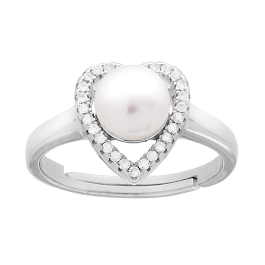 Ring mit Herz, Flussperle und weißen Zirkonen, aus 925er Silber, rhodiumgalvanisiert. - MeinSchmuckShop