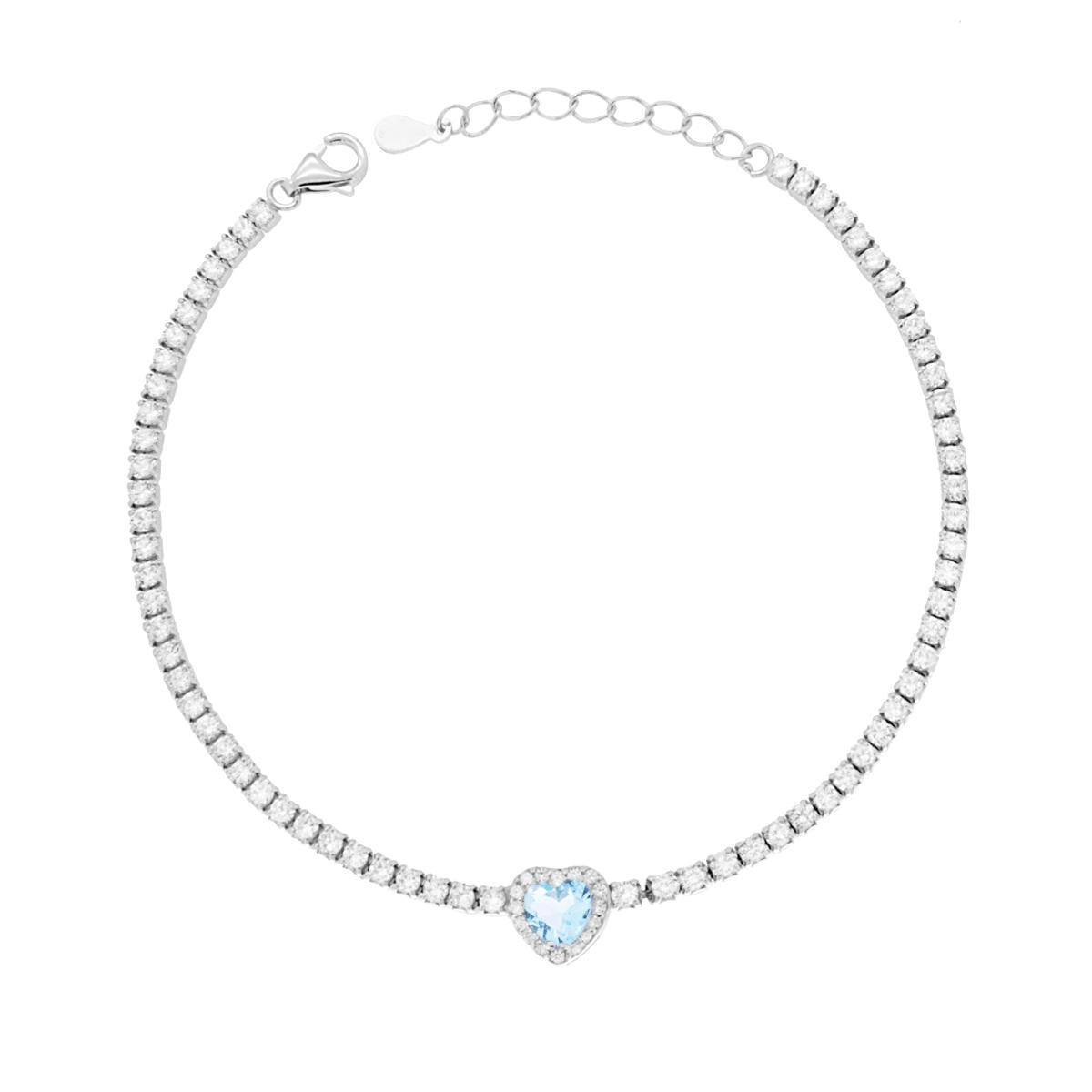 Tennis‑Armband Griffe 17+3 cm mit Zirkonen 2 mm; weiße Zirkone; zentrales Herz; Aquamarin umrahmt von weißen Zirkonen; Silber 925 rhodiniert - MeinSchmuckShop
