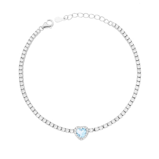 Tennis‑Armband Griffe 17+3 cm mit Zirkonen 2 mm; weiße Zirkone; zentrales Herz; Aquamarin umrahmt von weißen Zirkonen; Silber 925 rhodiniert - MeinSchmuckShop