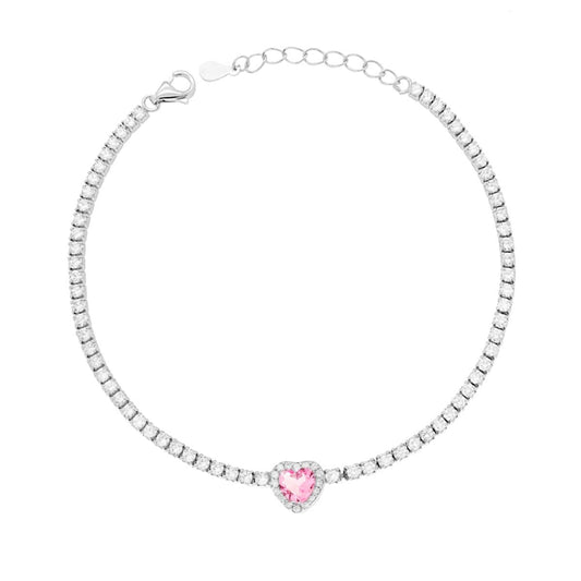 Tennisarmband Griffe 17+3 cm mit Zirkonen 2 mm Weiß mit Zirkon, zentrales rosa Herz umrahmt von weißen Zirkonen, aus 925er Silber, rhodiniert. - MeinSchmuckShop