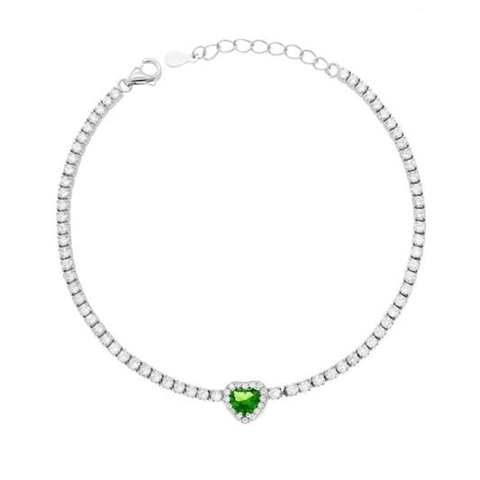 Tennisarmband mit Krallenfassung, Länge 17+3 cm, mit Zirkonen 2 mm, zentrales Herz in Smaragdgrün, umgeben von weißen Zirkonen, Silber 925, rhodiumgalvanisch beschichtet - MeinSchmuckShop