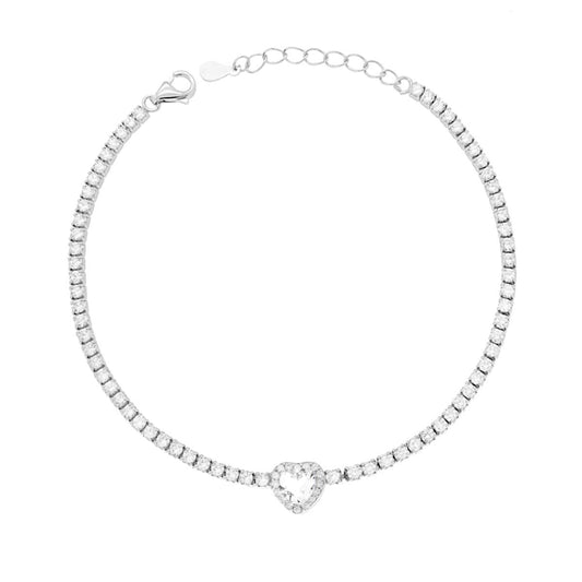 Tennisarmband, Fassungen, Länge 17+3 cm, mit 2 mm Zirkonia, Weißes Herz in der Mitte, umgeben von weißen Zirkonien, aus 925er Silber rhodiniert - MeinSchmuckShop